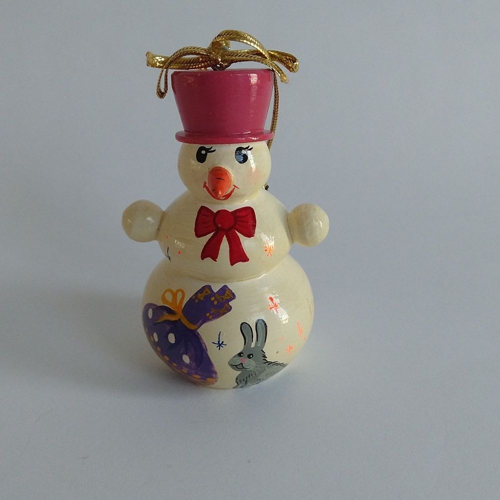 Wood Snowman Christmas Ornament Russian Hand Painted 2000 signed